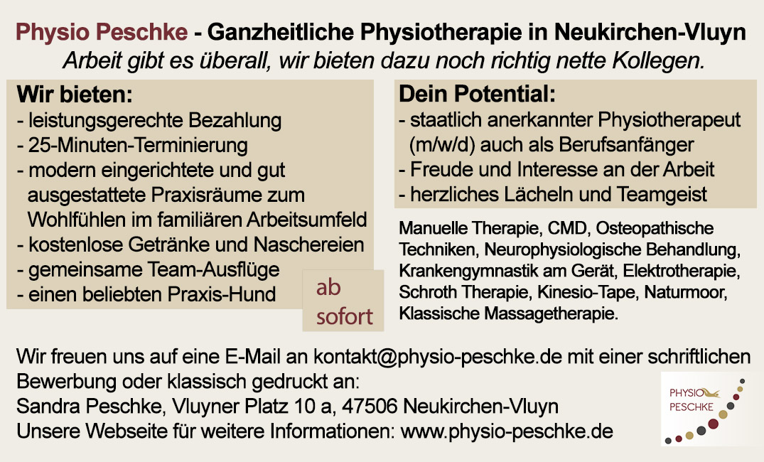 Stellenanzeige Physiotherapeutin m/w/d Neukirchen-Vluyn Stellenanzeige Physiotherapeutin m/w/d Neukirchen-Vluyn